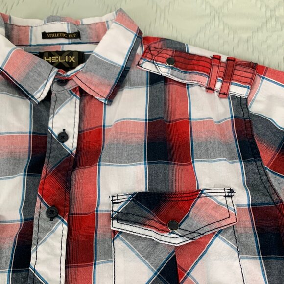 Helix Button-Up Short Sleeve Shirt Men's XL Navy Red White Plaid - Picture 2 of 6